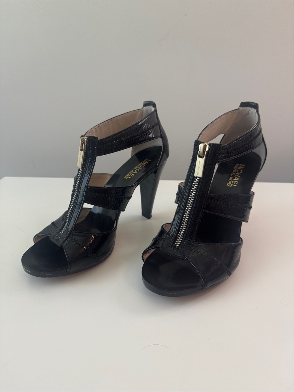 MICHAEL Michael Kors Black Patent T-Strap Peep Toe Heels